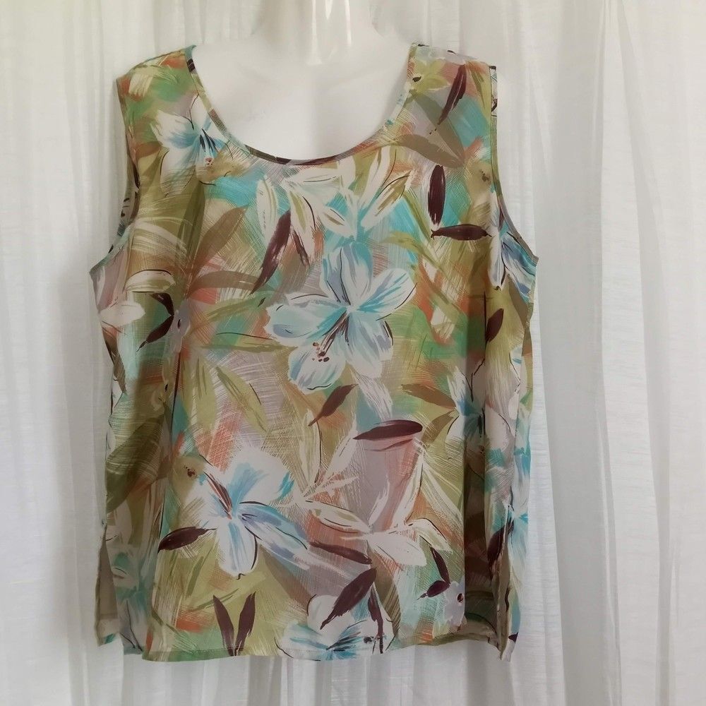 Islander Sleeveless Floral Print Top XL Lined Scoop Neck Colorful Crepe Pullover